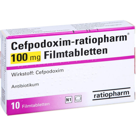 Das Produktfoto zeigt Cefpodoxim-Ratiopharm 100 Mg Filmtabletten (10 stk) PZN 04478454
