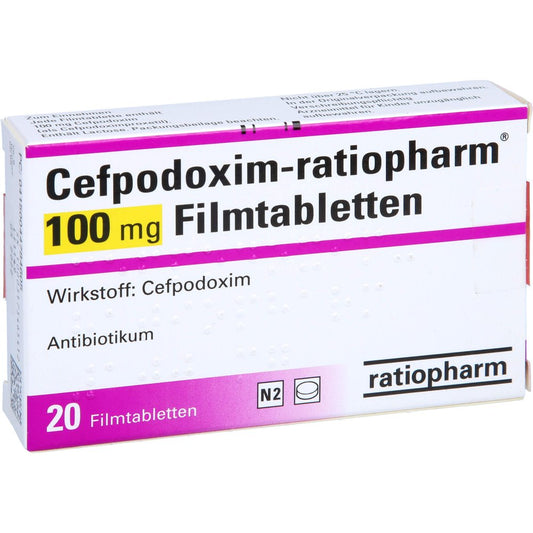 Das Produktfoto zeigt Cefpodoxim-Ratiopharm 100 Mg Filmtabletten (20 stk) PZN 04478460