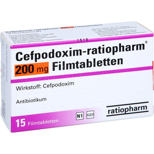 Das Produktfoto zeigt Cefpodoxim-Ratiopharm 200 Mg Filmtabletten (15 stk) PZN 04478483