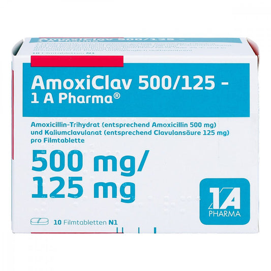 Das Produktfoto zeigt Amoxiclav 500/125-1a Pharma Filmtabletten (10 stk) PZN 04492282