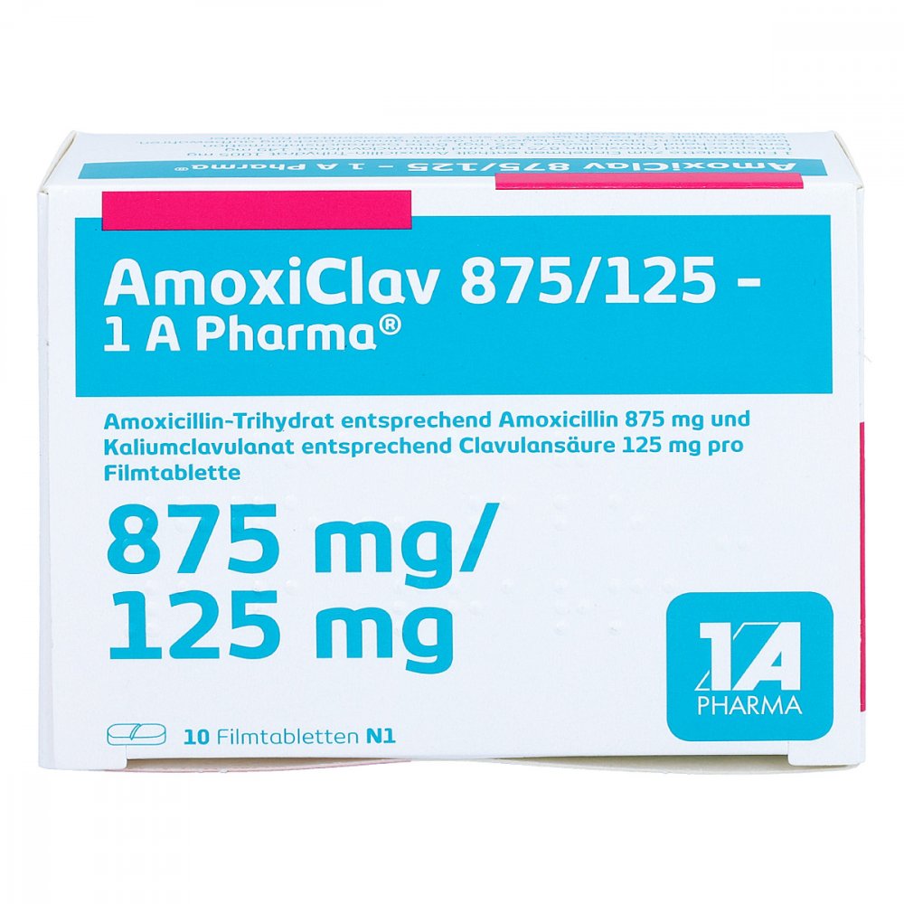 Das Produktfoto zeigt Amoxiclav 875/125-1a Pharma Filmtabletten (10 stk) PZN 04492371