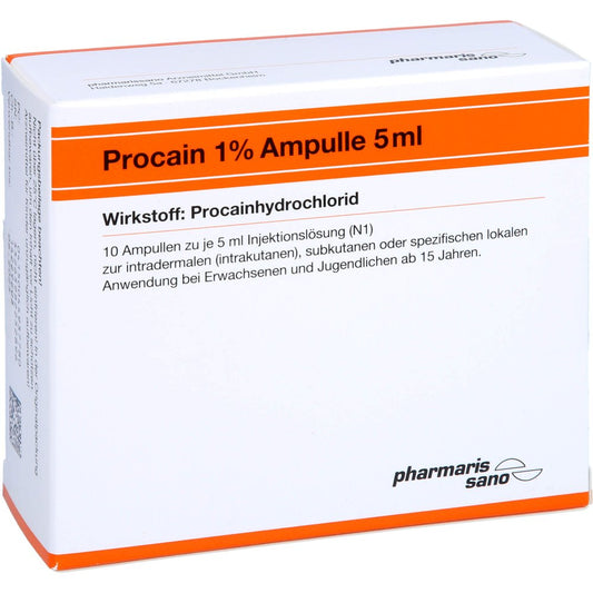 Das Produktfoto zeigt Procain Röwo 1% Inj.-Lsg.Ampullen 5 Ml (10X5 ml) PZN 04493778