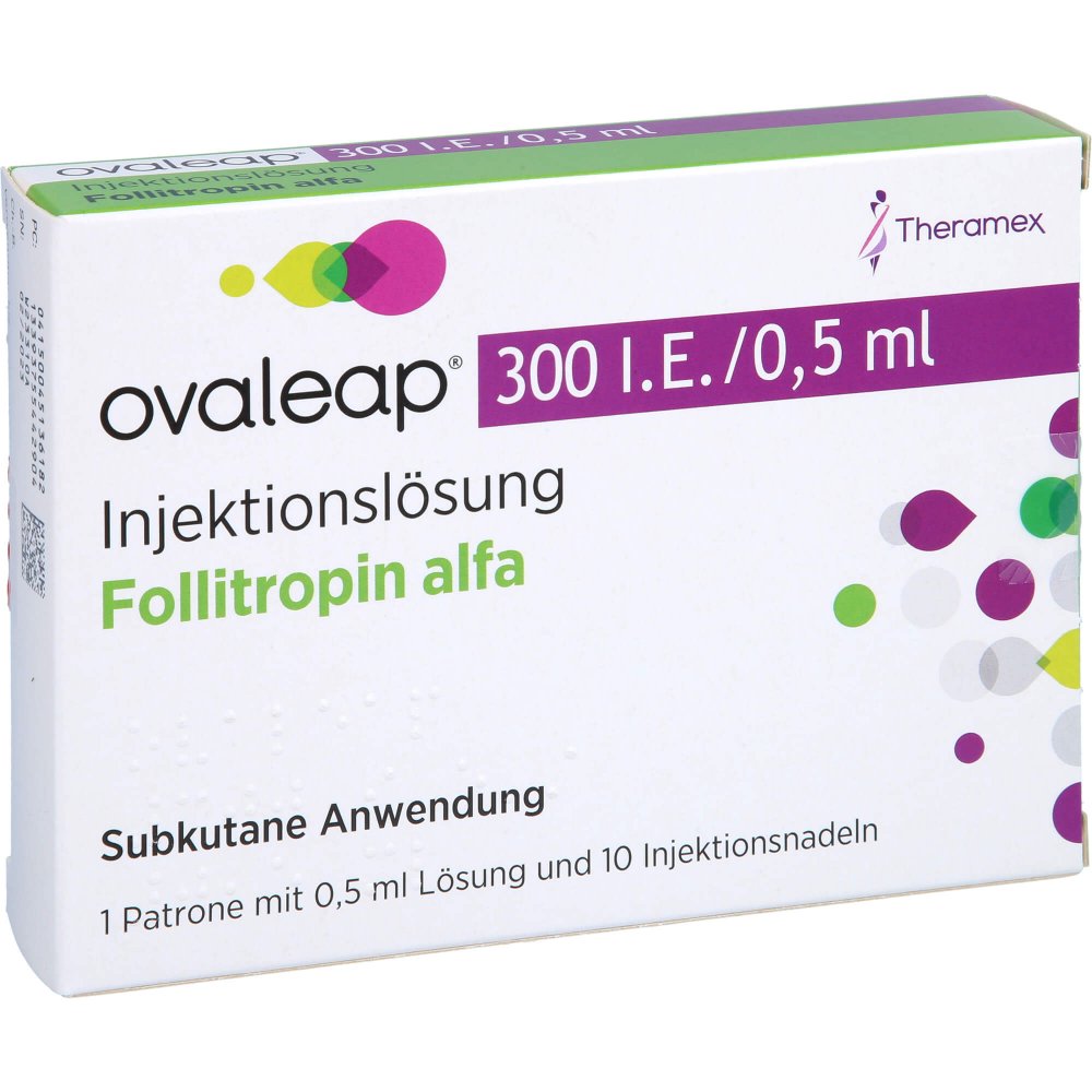 Das Produktfoto zeigt Ovaleap 300 I.E./0,5 Ml Zyl.Amp.+ 10 Pen Inj.Nad. (1 stk) PZN 04513618