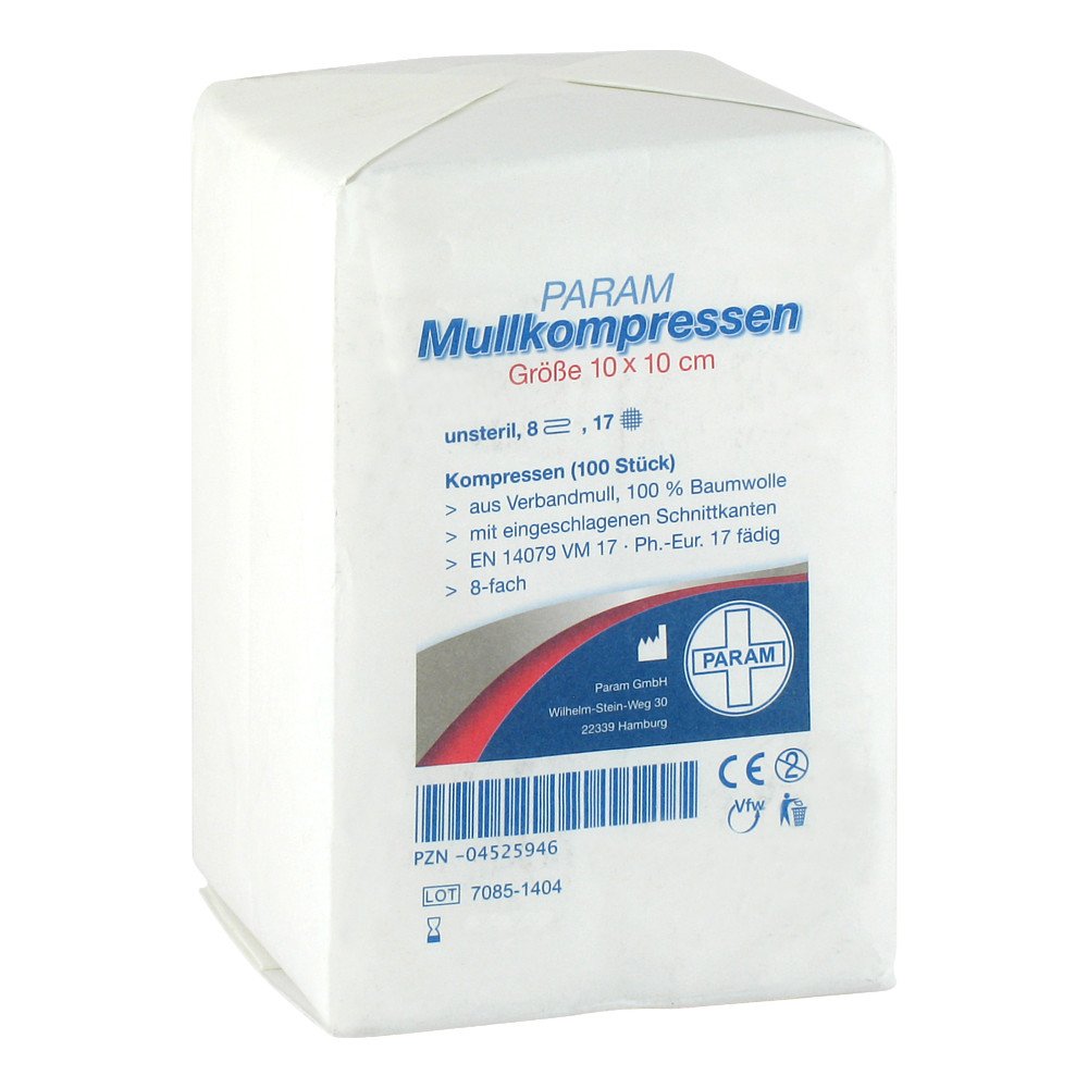 Das Produktfoto zeigt Mullkompressen 10x10 Cm Unsteril 8fach (100 stk) PZN 04525946
