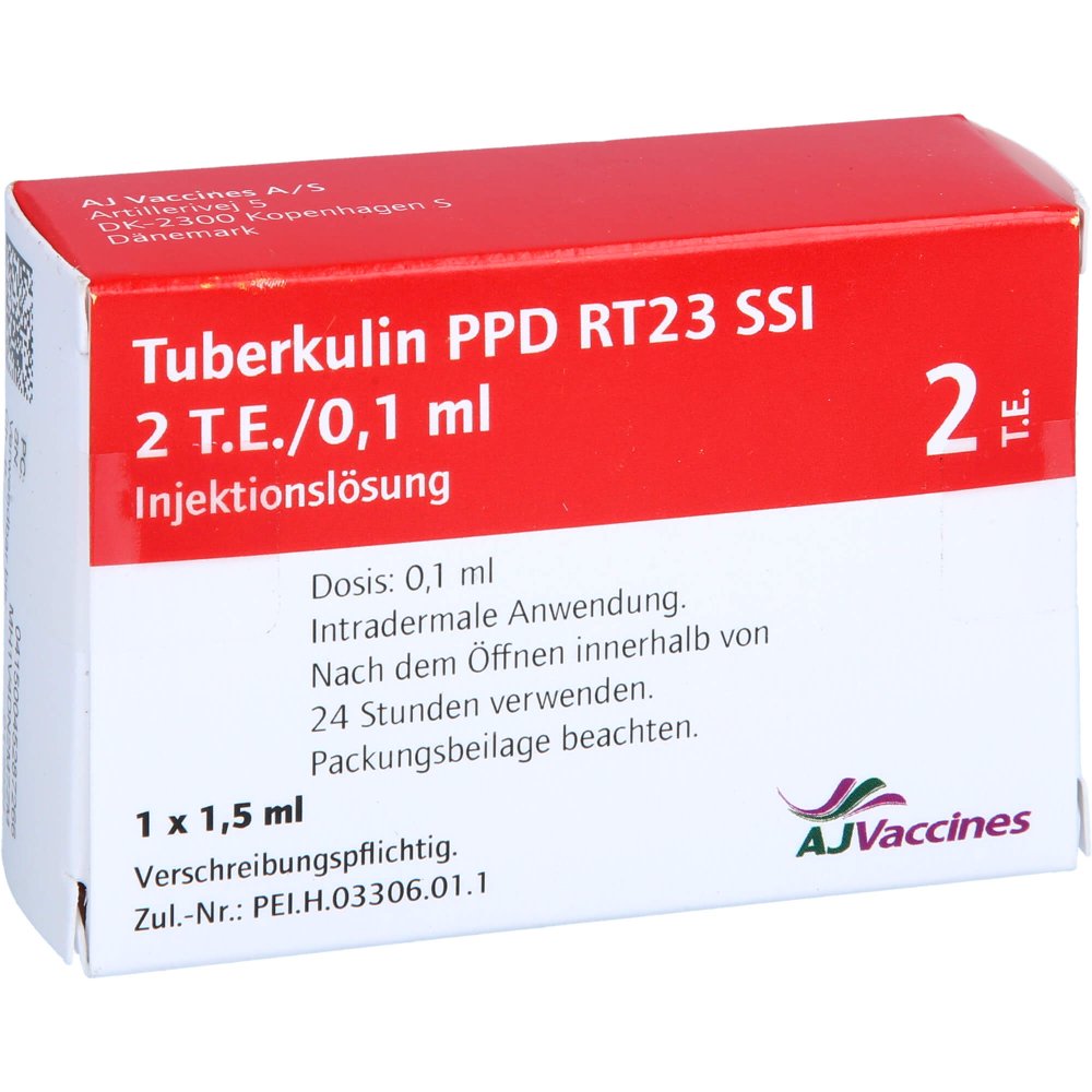 Das Produktfoto zeigt Tuberkulin Ppd Rt23 Ajv 2 T.E./0,1 Ml Inj.-Lsg. (1.5 ml) PZN 04528726