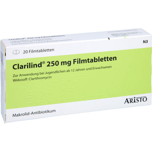 Das Produktfoto zeigt Clarilind 250 Mg Filmtabletten (20 stk) PZN 04531237