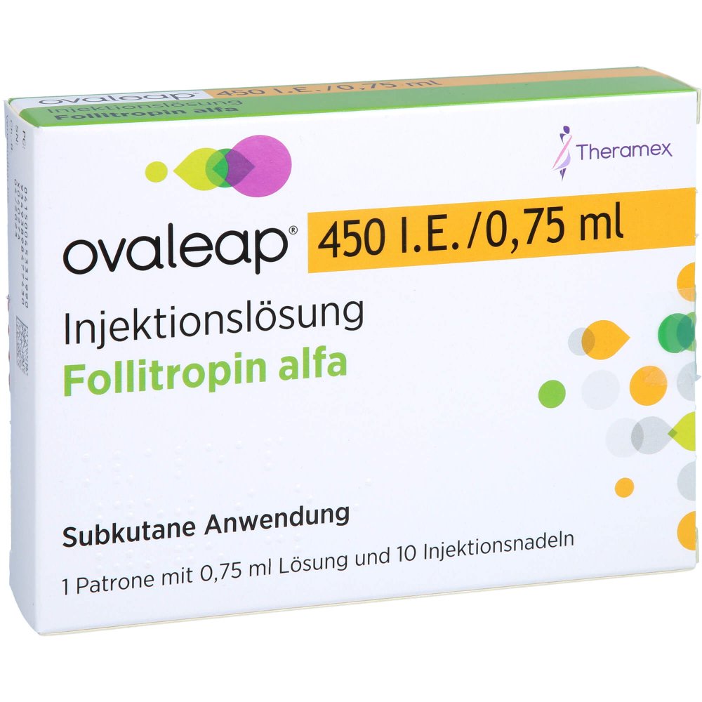 Das Produktfoto zeigt Ovaleap 450 I.E./0,75 Ml Zyl.Amp.+ 10 Pen Inj.Nad. (1 stk) PZN 04533199