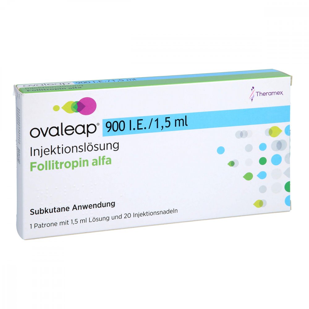 Das Produktfoto zeigt Ovaleap 900 I.E./1,5 Ml Zyl.Amp.+ 20 Pen Inj.Nad. (1 stk) PZN 04533207