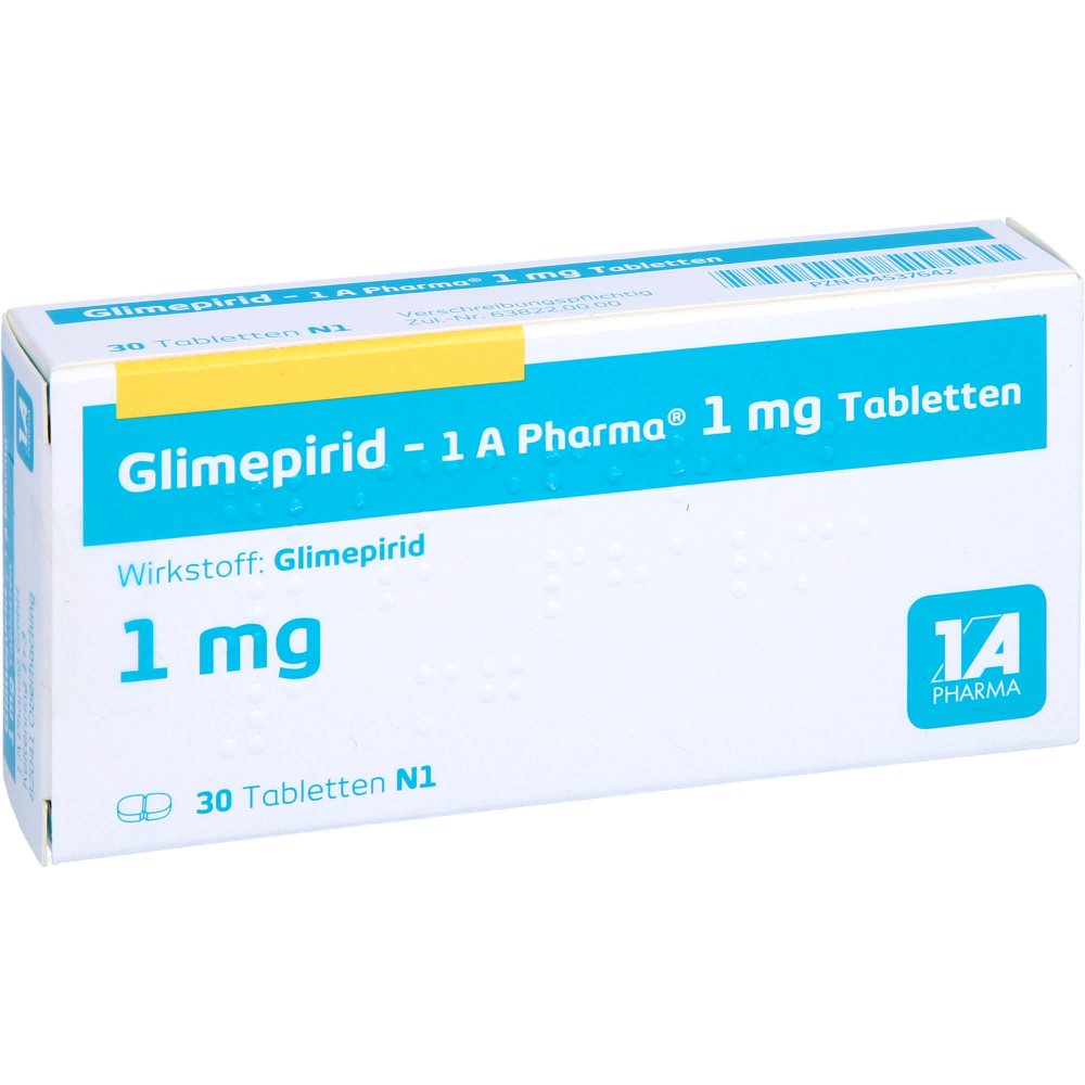Das Produktfoto zeigt Glimepirid-1a Pharma 1 Mg Tabletten (30 stk) PZN 04537642