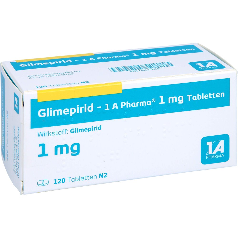 Das Produktfoto zeigt Glimepirid-1a Pharma 1 Mg Tabletten (120 stk) PZN 04537659