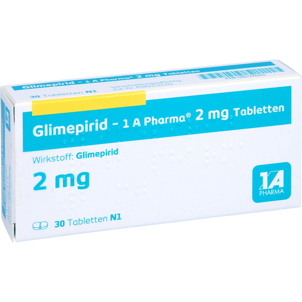 Das Produktfoto zeigt Glimepirid-1a Pharma 2 Mg Tabletten (30 stk) PZN 04537665