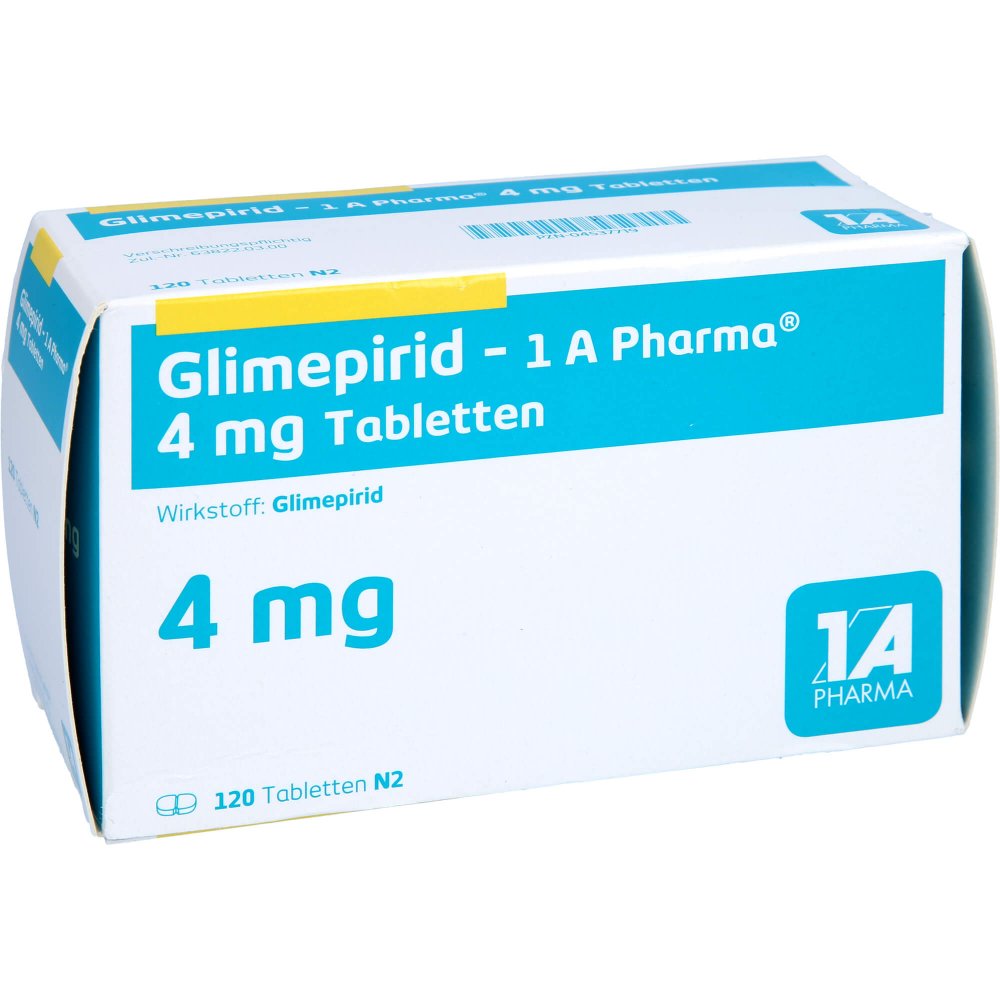 Das Produktfoto zeigt Glimepirid-1a Pharma 4 Mg Tabletten (120 stk) PZN 04537719
