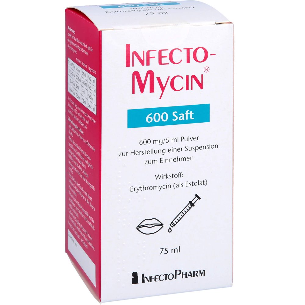 Das Produktfoto zeigt Infectomycin 600 Saft Plv.Z.Herst.E.Susp.Z.Einn. (75 ml) PZN 04543944