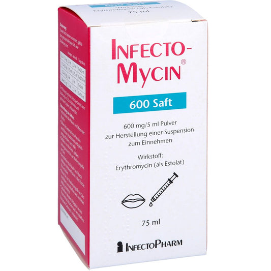 Das Produktfoto zeigt Infectomycin 600 Saft Plv.Z.Herst.E.Susp.Z.Einn. (75 ml) PZN 04543944