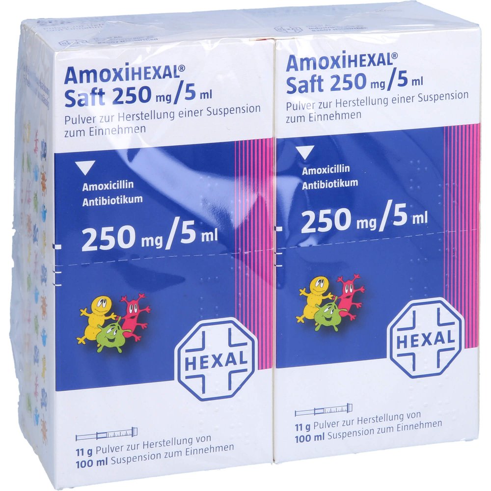 Das Produktfoto zeigt Amoxihexal Saft (2X100 ml) PZN 04568855