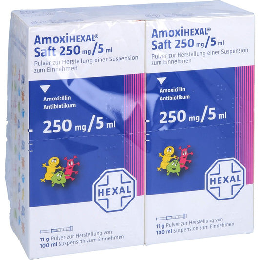 Das Produktfoto zeigt Amoxihexal Saft (2X100 ml) PZN 04568855