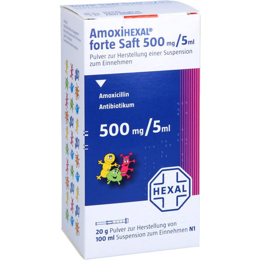 Das Produktfoto zeigt Amoxihexal Forte Saft (100 ml) PZN 04599790