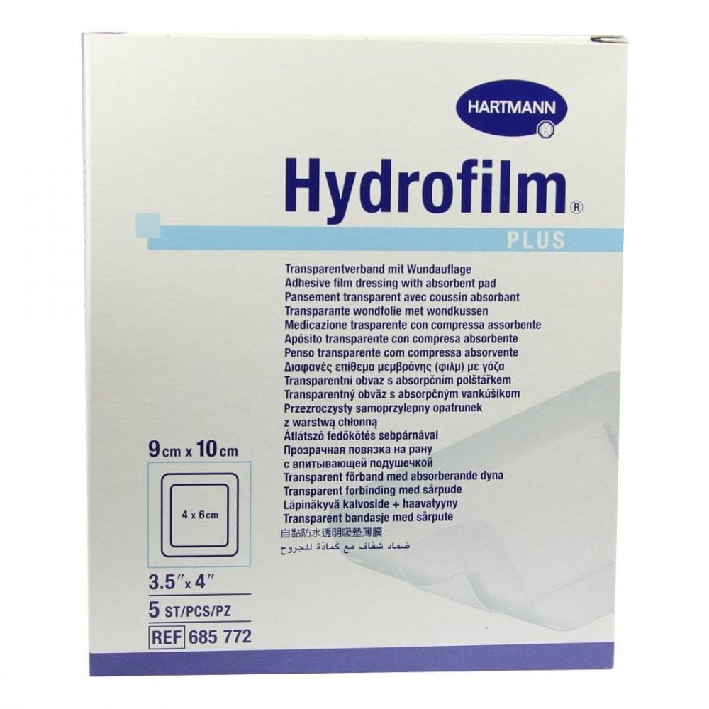 Das Produktfoto zeigt Hydrofilm Plus Transparentverband 9x10 Cm (5 stk) PZN 04609005