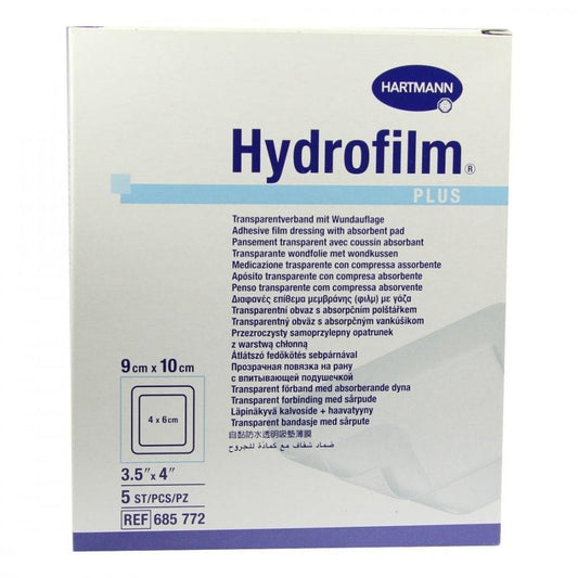 Das Produktfoto zeigt Hydrofilm Plus Transparentverband 9x10 Cm (5 stk) PZN 04609005