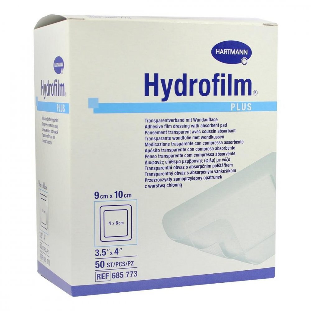 Das Produktfoto zeigt Hydrofilm Plus Transparentverband 9x10 Cm (50 stk) PZN 04609063