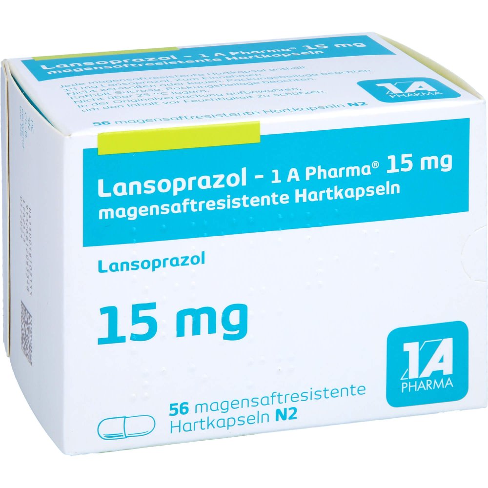 Das Produktfoto zeigt Lansoprazol-1a Pharma 15 Mg Magensaftres.Hartkaps. (56 stk) PZN 04610215