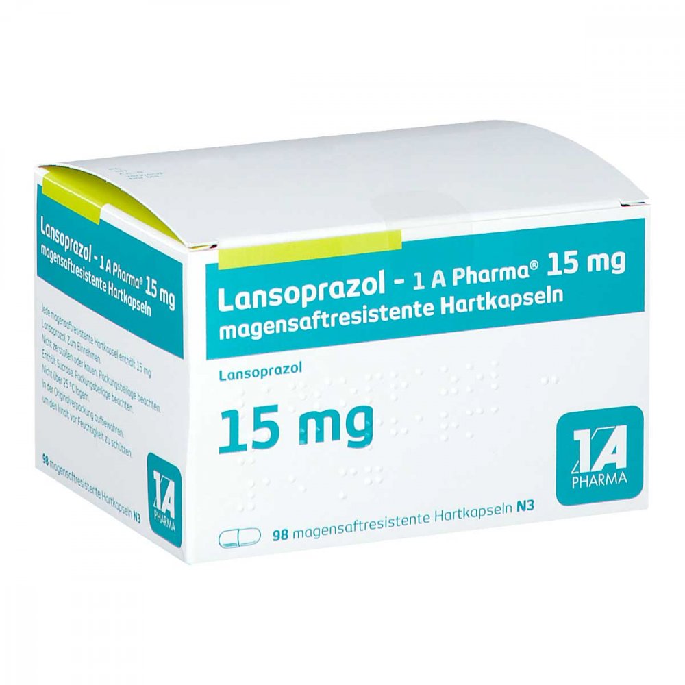 Das Produktfoto zeigt Lansoprazol-1a Pharma 15 Mg Magensaftres.Hartkaps. (98 stk) PZN 04610221