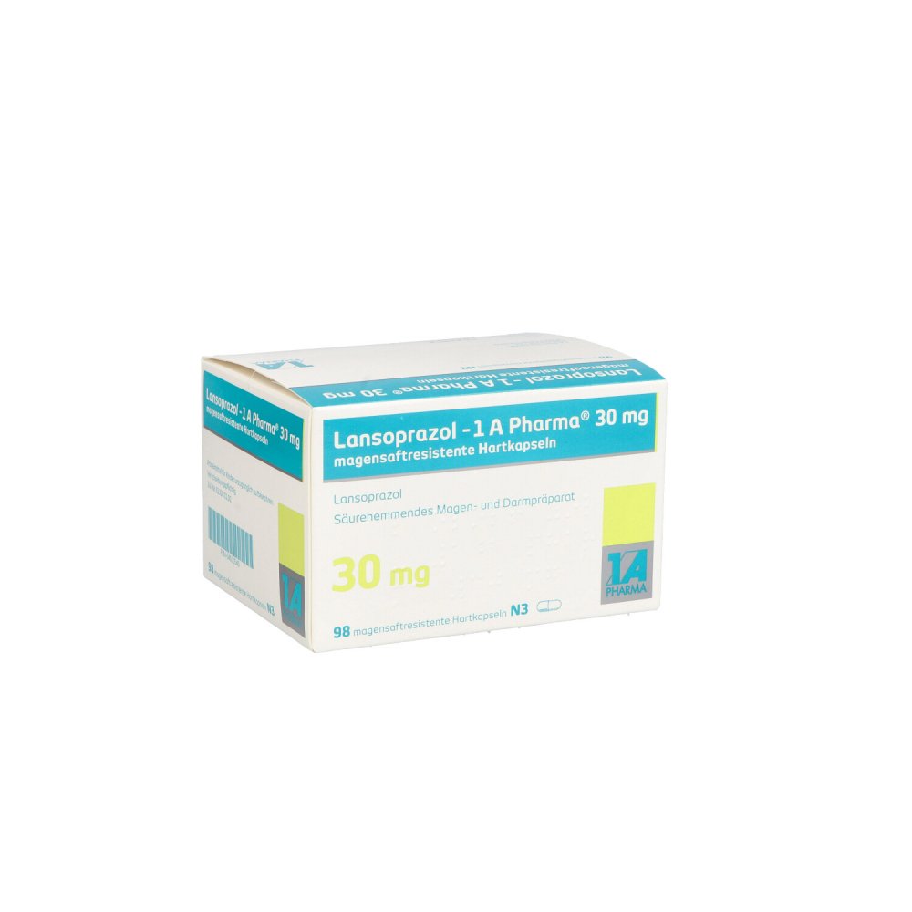 Das Produktfoto zeigt Lansoprazol-1a Pharma 30 Mg Magensaftres.Hartkaps. (98 stk) PZN 04610540