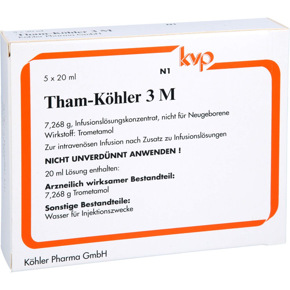 Das Produktfoto zeigt Tham Köhler 3 M Infusionslösungskonzentrat In Amp. (5X20 ml) PZN 04611373