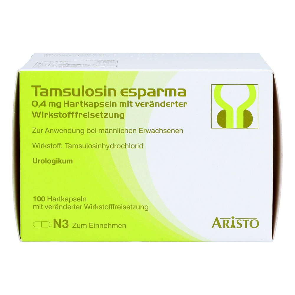 Das Produktfoto zeigt Tamsulosin Esparma 0,4 Mg Hartk.Verä.Wst.-Frs. (100 stk) PZN 04631683