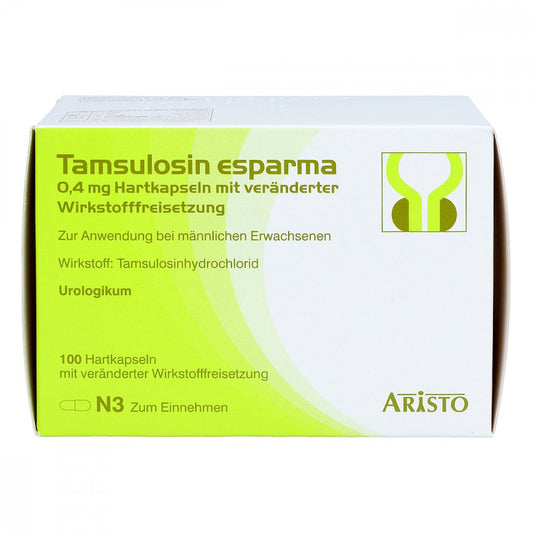 Das Produktfoto zeigt Tamsulosin Esparma 0,4 Mg Hartk.Verä.Wst.-Frs. (100 stk) PZN 04631683