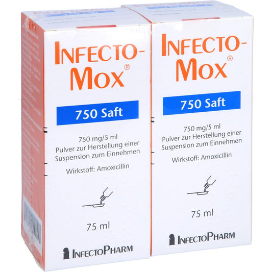 Das Produktfoto zeigt Infectomox 750 Saft Pulver Z.Herst.E.Susp.Z.Einn. (2X75 ml) PZN 04632582
