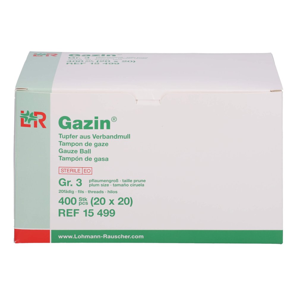Das Produktfoto zeigt Gazin Tupfer Pflaumengr.Steril O.Rk A.Verbandmull (20X20 stk) PZN 04633446