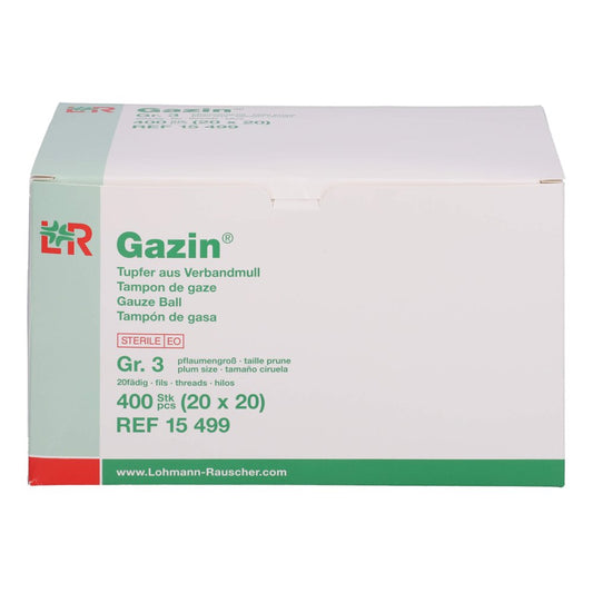 Das Produktfoto zeigt Gazin Tupfer Pflaumengr.Steril O.Rk A.Verbandmull (20X20 stk) PZN 04633446