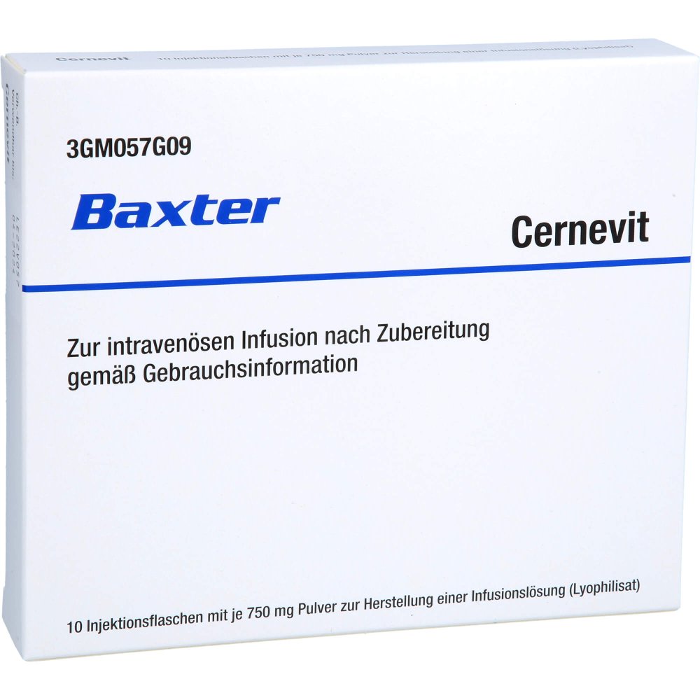 Das Produktfoto zeigt Cernevit 750 Mg Pulver Z.Herst.E.Infusionslsg. (10 stk) PZN 04634345
