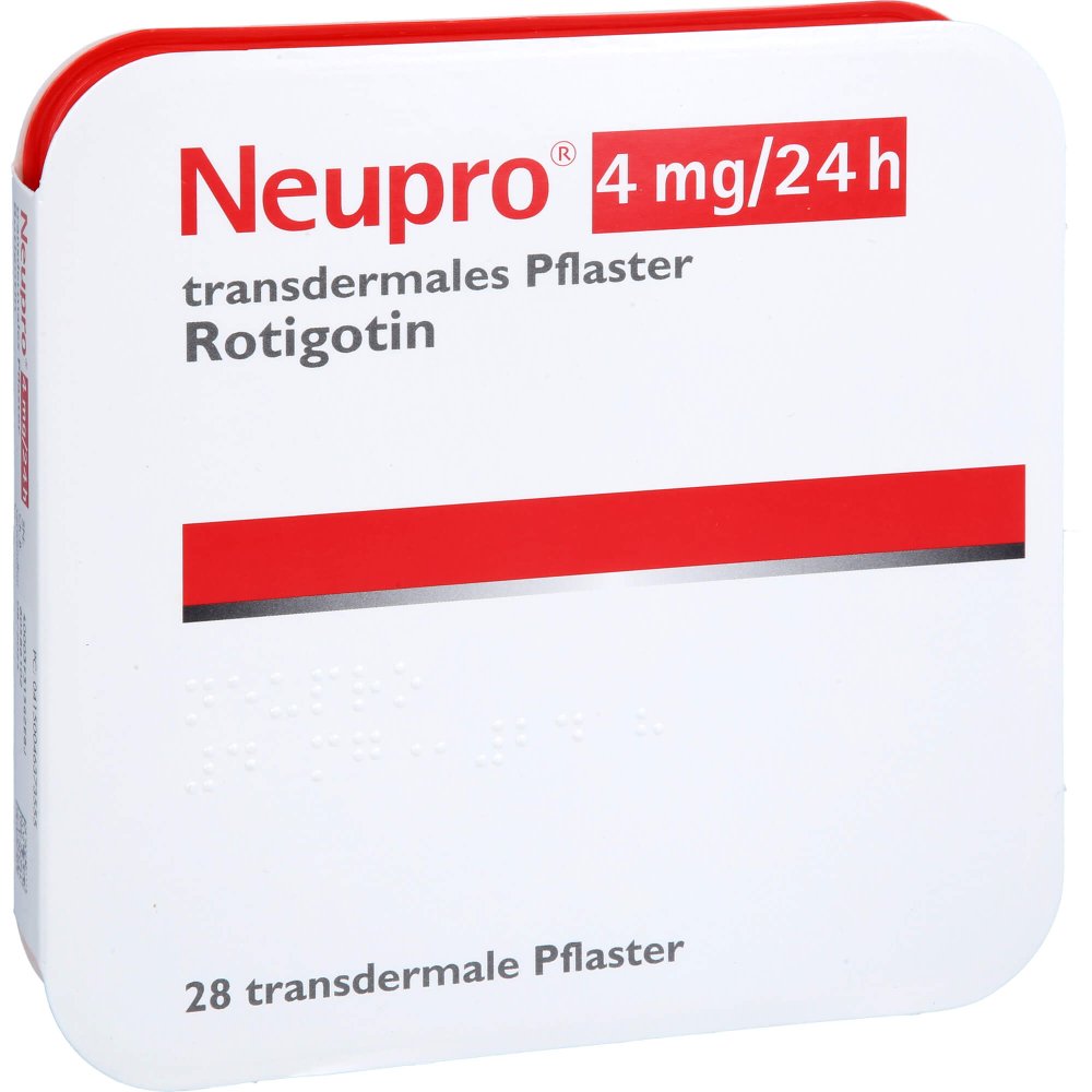 Das Produktfoto zeigt Neupro 4 Mg/24 H Transdermale Pflaster (28 stk) PZN 04637355