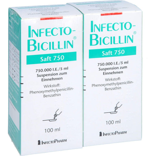 Das Produktfoto zeigt Infectobicillin Saft 750 1ml=150.000 I.E. (2X100 ml) PZN 04653443