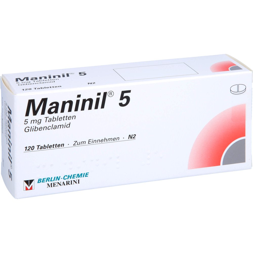 Das Produktfoto zeigt Maninil 5 Tabletten Blister (120 stk) PZN 04657004