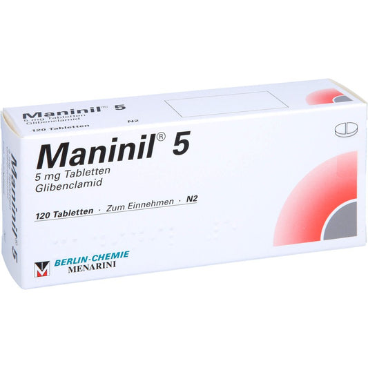 Das Produktfoto zeigt Maninil 5 Tabletten Blister (120 stk) PZN 04657004