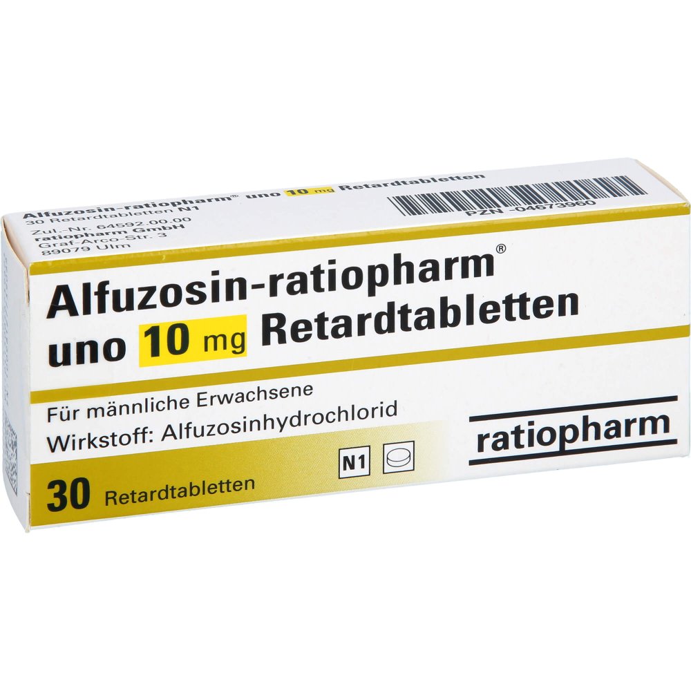 Das Produktfoto zeigt Alfuzosin-Ratiopharm Uno 10 Mg Retardtabletten (30 stk) PZN 04673960