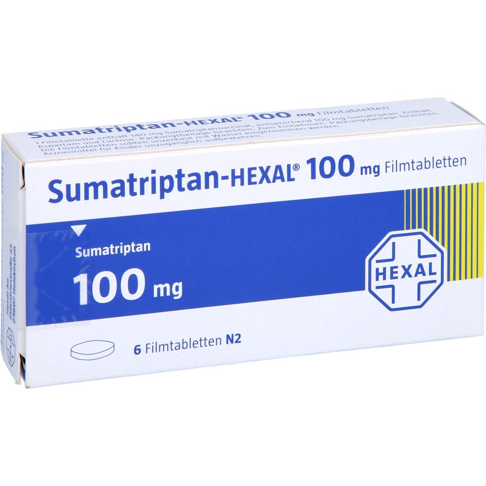 Das Produktfoto zeigt Sumatriptan-Hexal 100 Mg Filmtabletten (6 stk) PZN 04675249