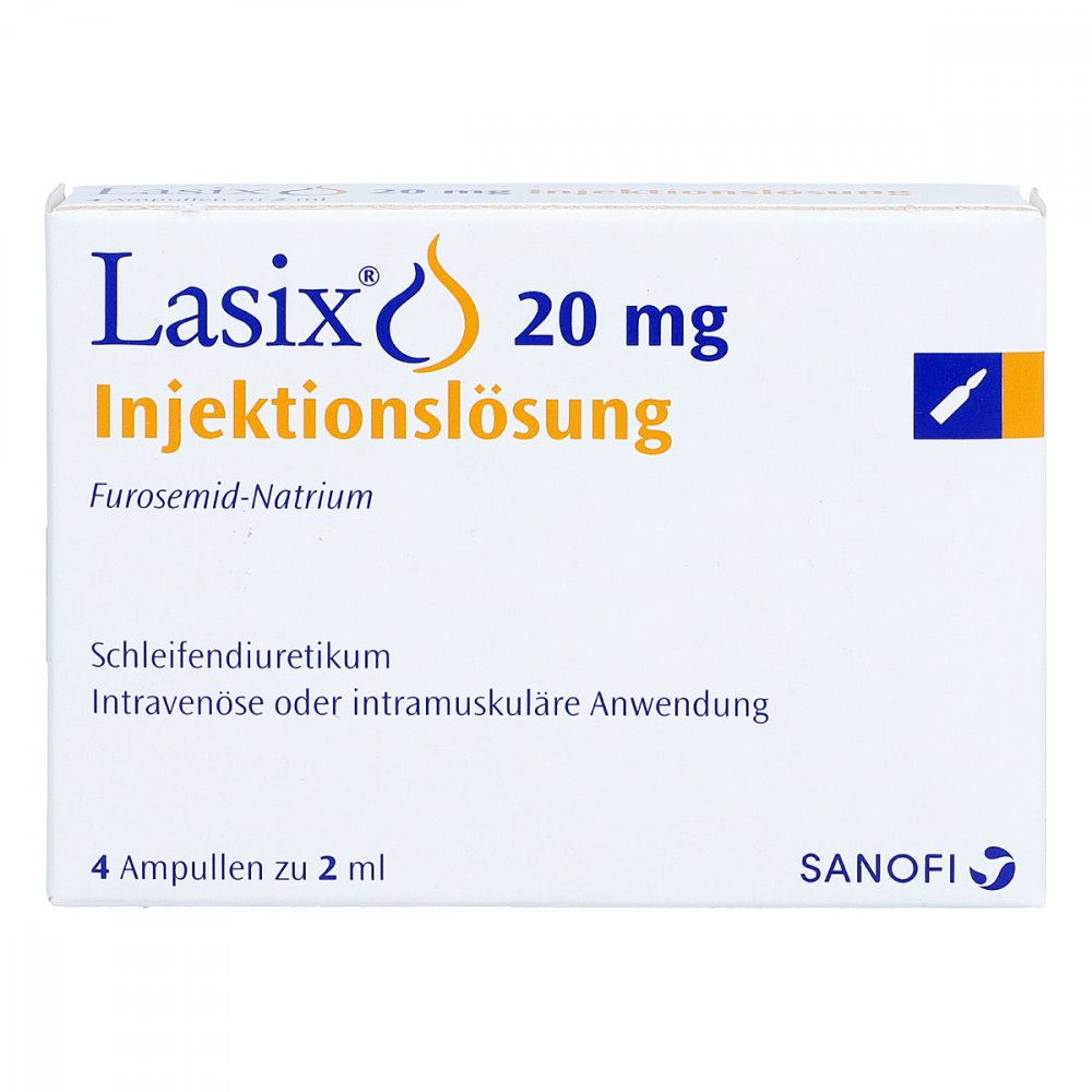 Das Produktfoto zeigt Lasix 20 Mg Injektionslösung Ampullen (4X2 ml) PZN 04686276