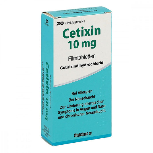 Das Produktfoto zeigt Cetixin 10 Mg Filmtabletten (20 stk) PZN 04704910