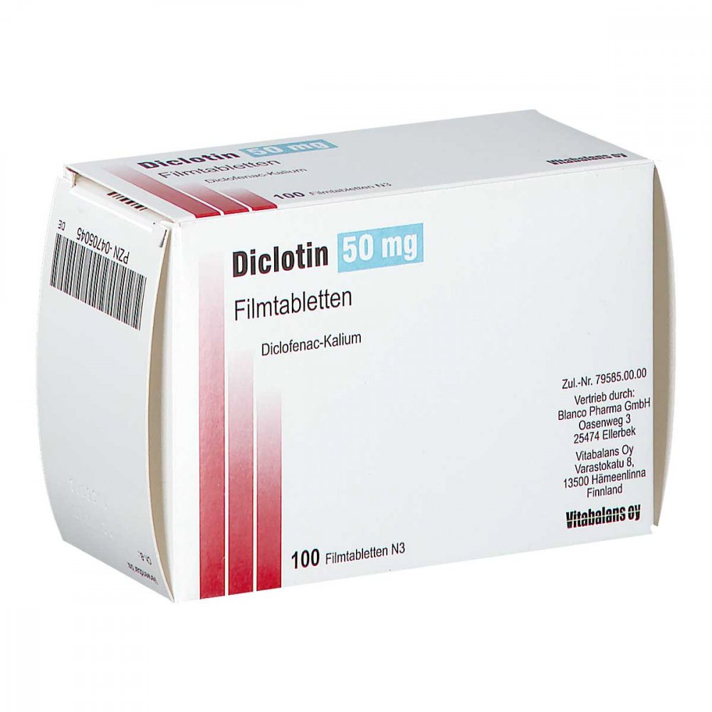 Das Produktfoto zeigt Diclotin 50 Mg Filmtabletten (100 stk) PZN 04705045