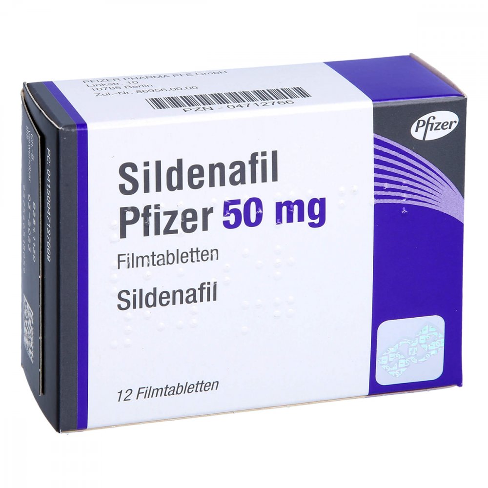 Das Produktfoto zeigt Sildenafil Pfizer 50 Mg Filmtabletten (12 stk) PZN 04712766