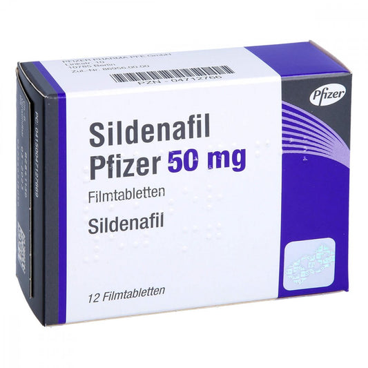 Das Produktfoto zeigt Sildenafil Pfizer 50 Mg Filmtabletten (12 stk) PZN 04712766
