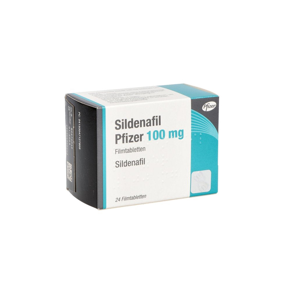 Das Produktfoto zeigt Sildenafil Pfizer 100 Mg Filmtabletten (24 stk) PZN 04712795