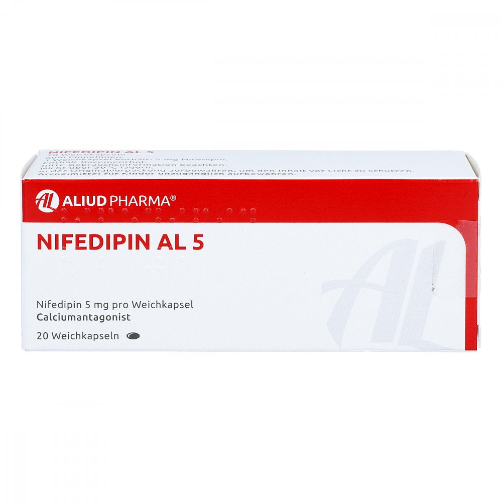 Das Produktfoto zeigt Nifedipin Al 5 Weichkapseln (20 stk) PZN 04748391
