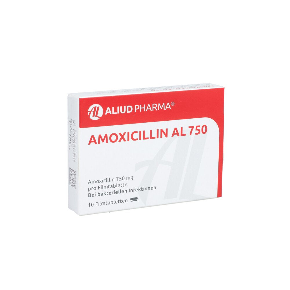 Das Produktfoto zeigt Amoxicillin Al 750 Filmtabletten (10 stk) PZN 04751447