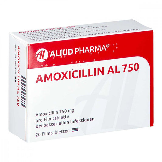 Das Produktfoto zeigt Amoxicillin Al 750 Filmtabletten (20 stk) PZN 04751453