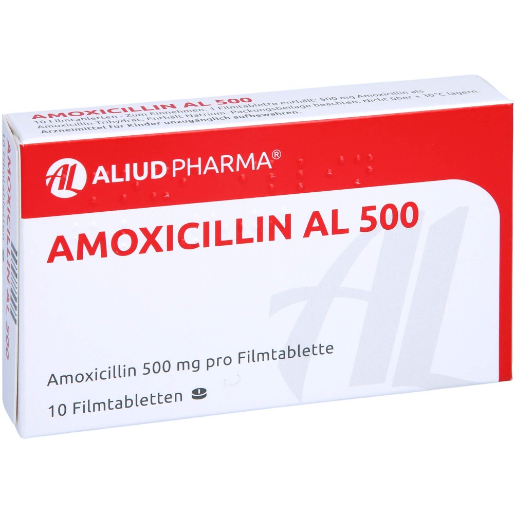 Das Produktfoto zeigt Amoxicillin Al 500 Filmtabletten (10 stk) PZN 04751476